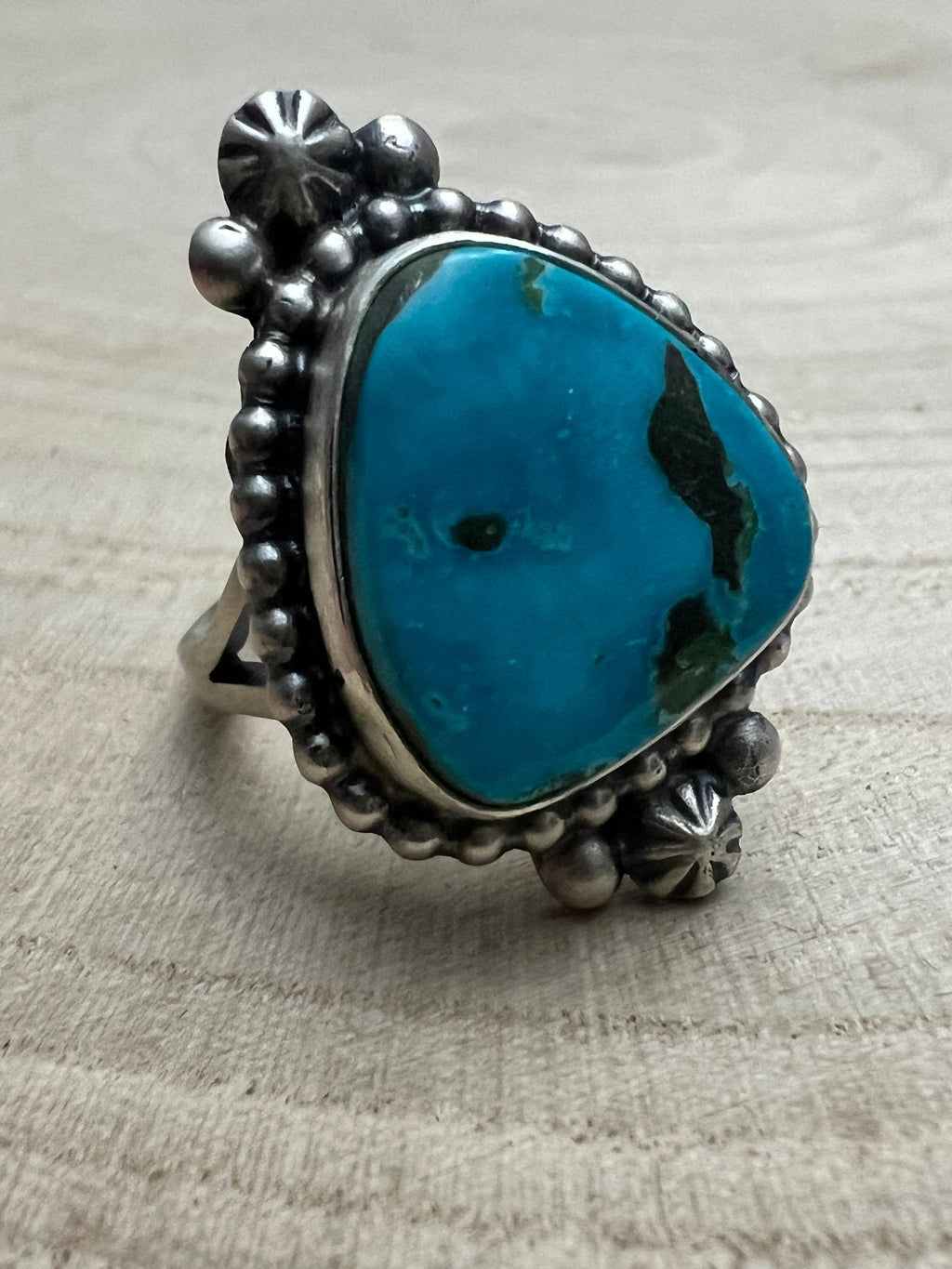 Randy Boyd Navajo Sterling Silver Ring with Fox Turquoise — Size 8.5 (Hallmark RB) - Rooted & Reckless Co.