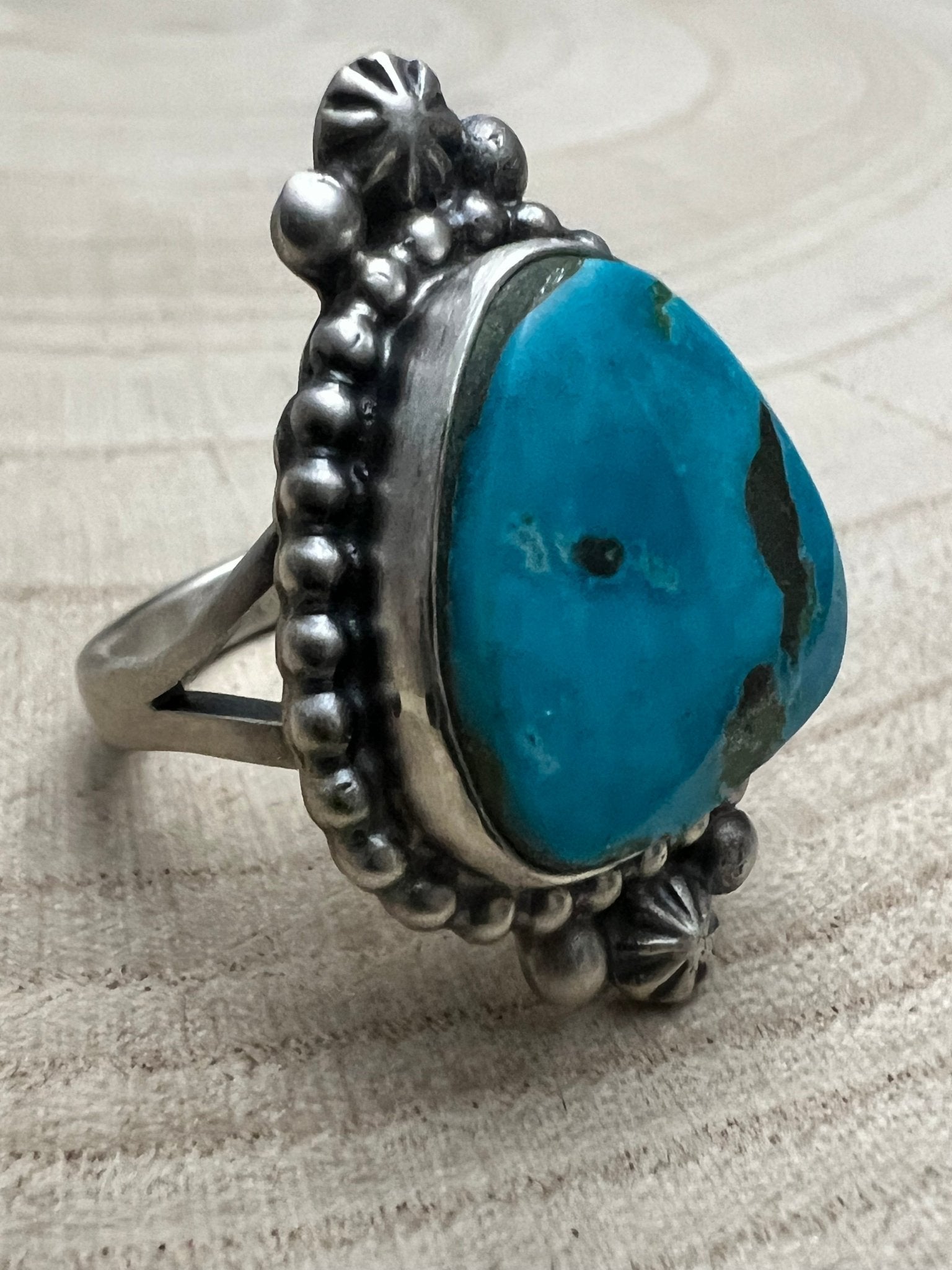 Randy Boyd Navajo Sterling Silver Ring with Fox Turquoise — Size 8.5 (Hallmark RB) - Rooted & Reckless Co.