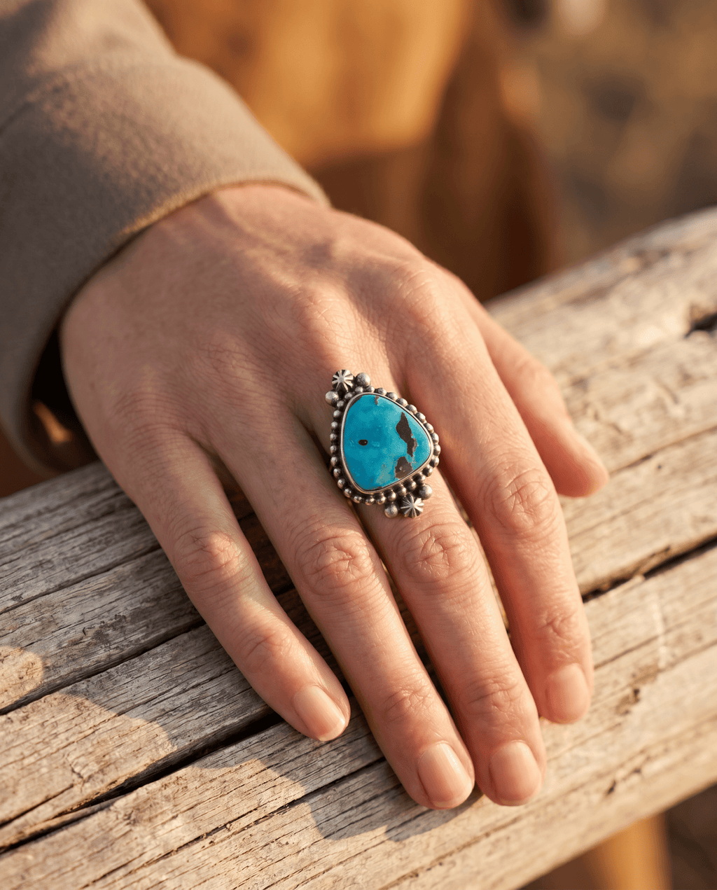 Randy Boyd Navajo Sterling Silver Ring with Fox Turquoise — Size 8.5 (Hallmark RB) - Rooted & Reckless Co.
