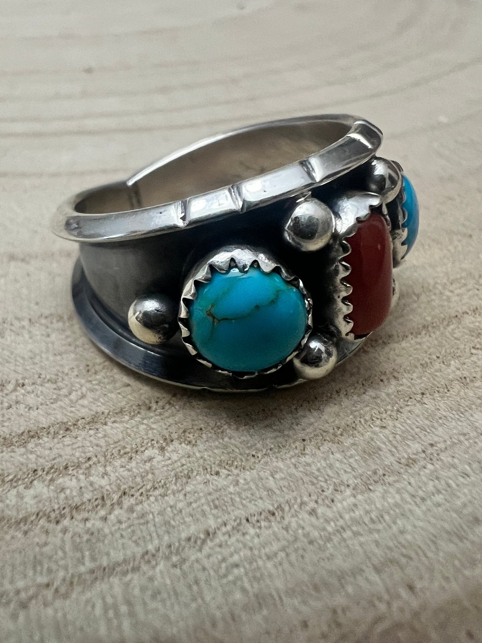 Reed Charley Navajo Kingman Turquoise & Coral Sterling Silver Ring - Rooted & Reckless Co.