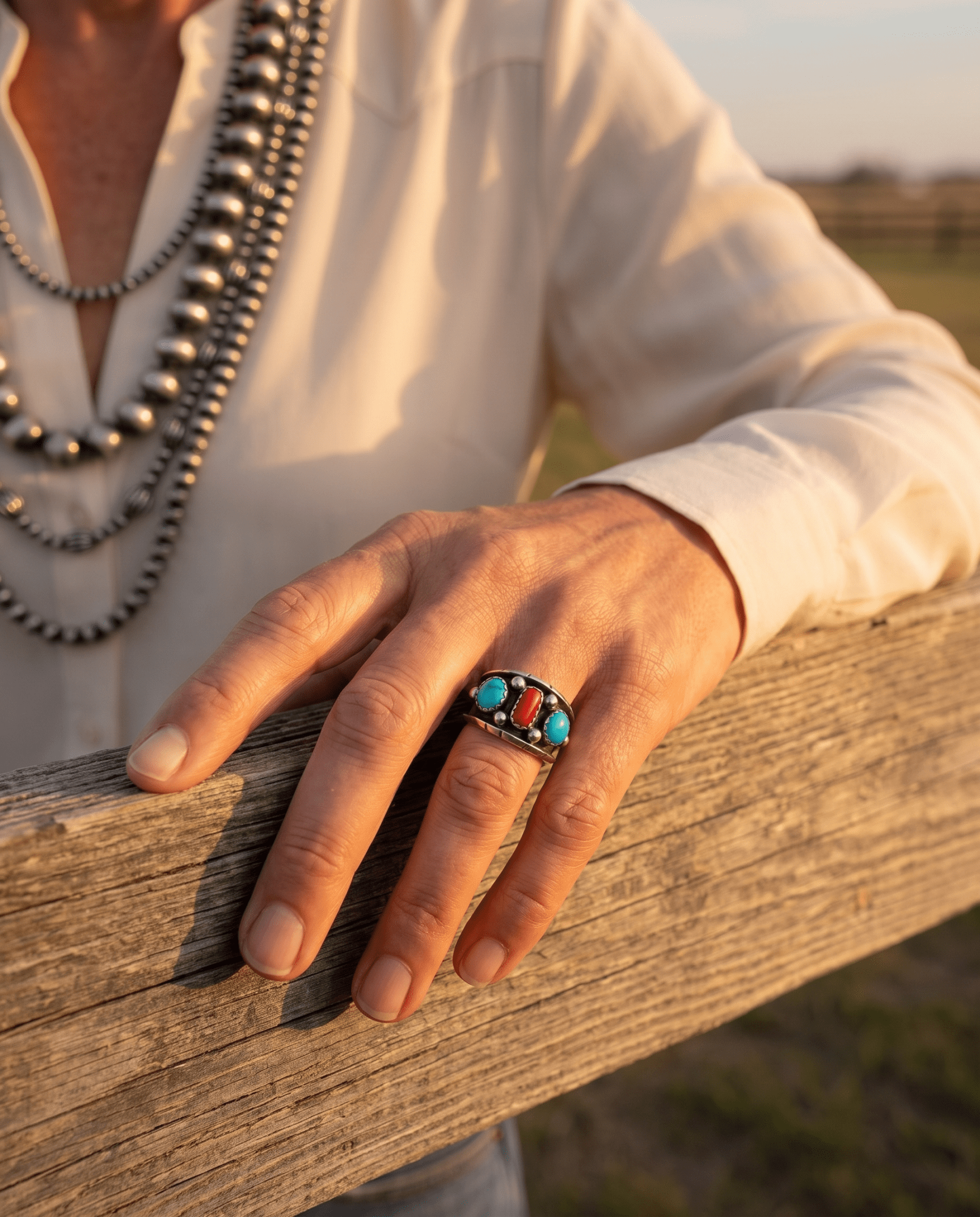 Reed Charley Navajo Kingman Turquoise & Coral Sterling Silver Ring - Rooted & Reckless Co.