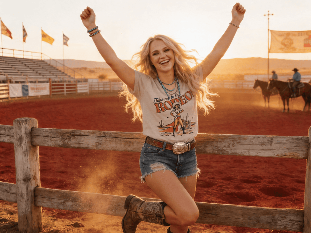 Retro "Take Me To The Rodeo" Pin-Up Cowgirl Western Graphic Tee — Tan Jerzees 50/50 Vintage Style - Rooted & Reckless Co.