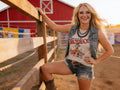 Retro "Take Me To The Rodeo" Pin-Up Cowgirl Western Graphic Tee — Tan Jerzees 50/50 Vintage Style - Rooted & Reckless Co.