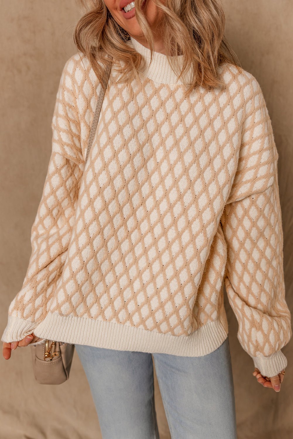 Rhombus Textured Knit Mock Neck Sweater - Rooted & Reckless Co.