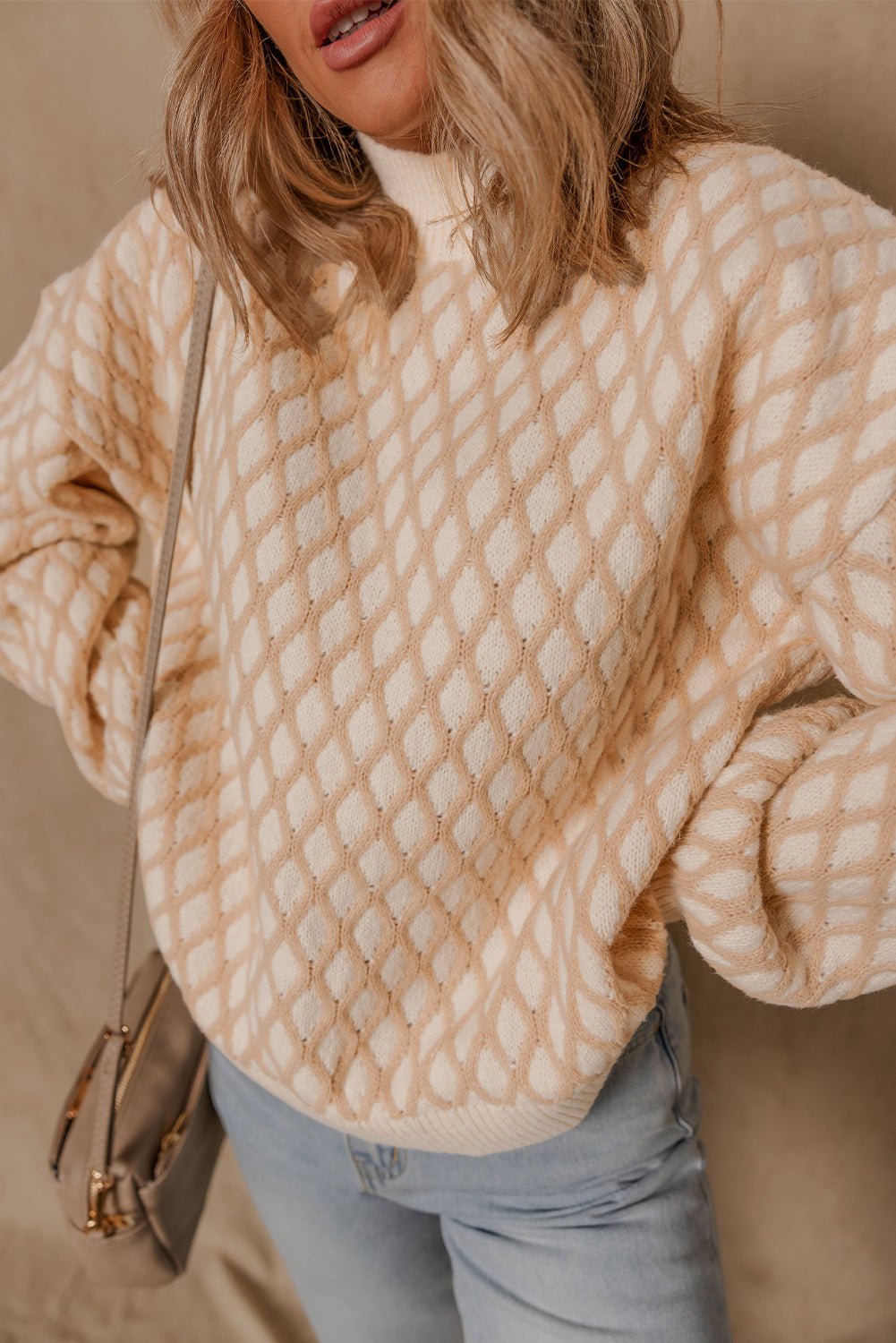 Rhombus Textured Knit Mock Neck Sweater - Rooted & Reckless Co.