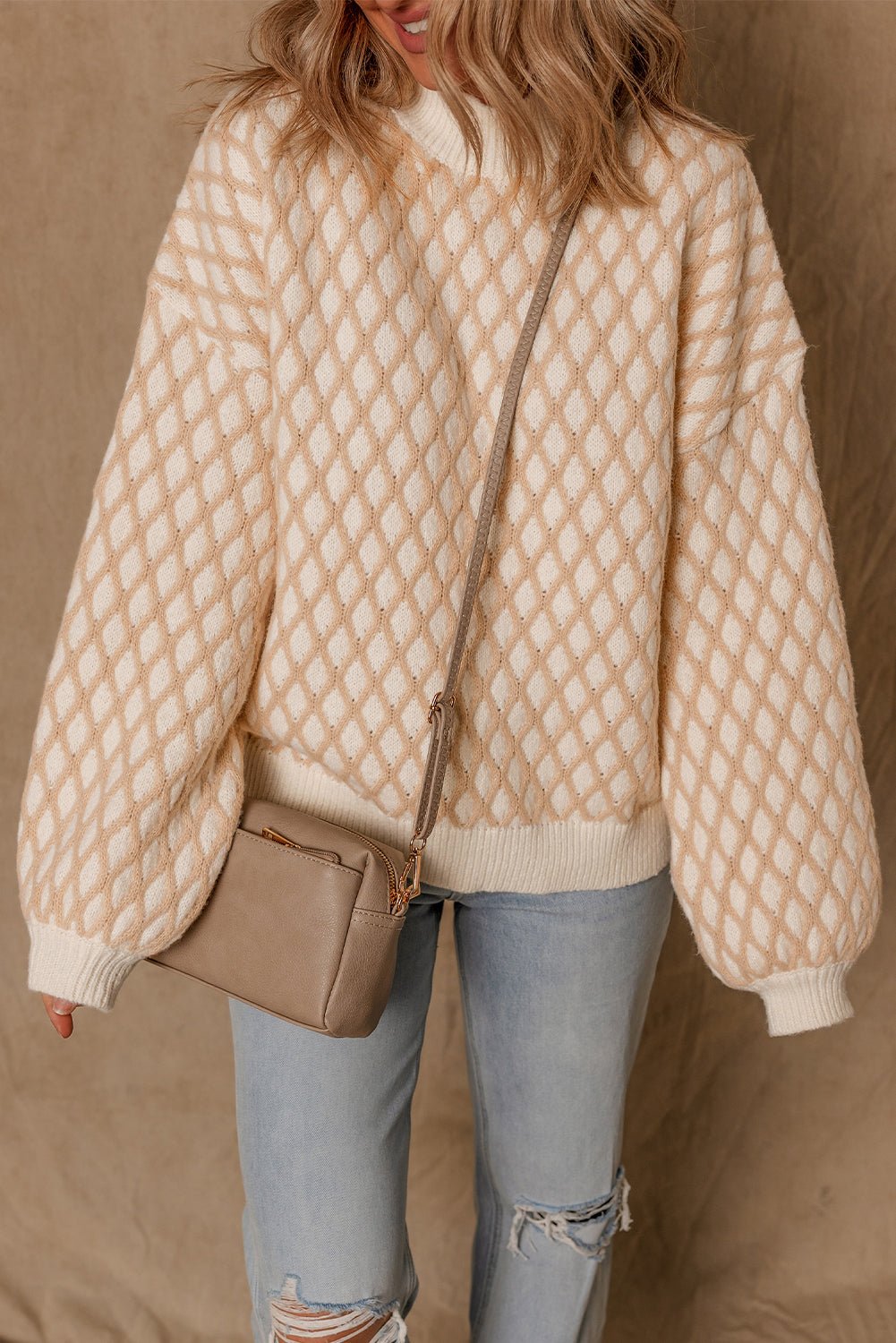 Rhombus Textured Knit Mock Neck Sweater - Rooted & Reckless Co.