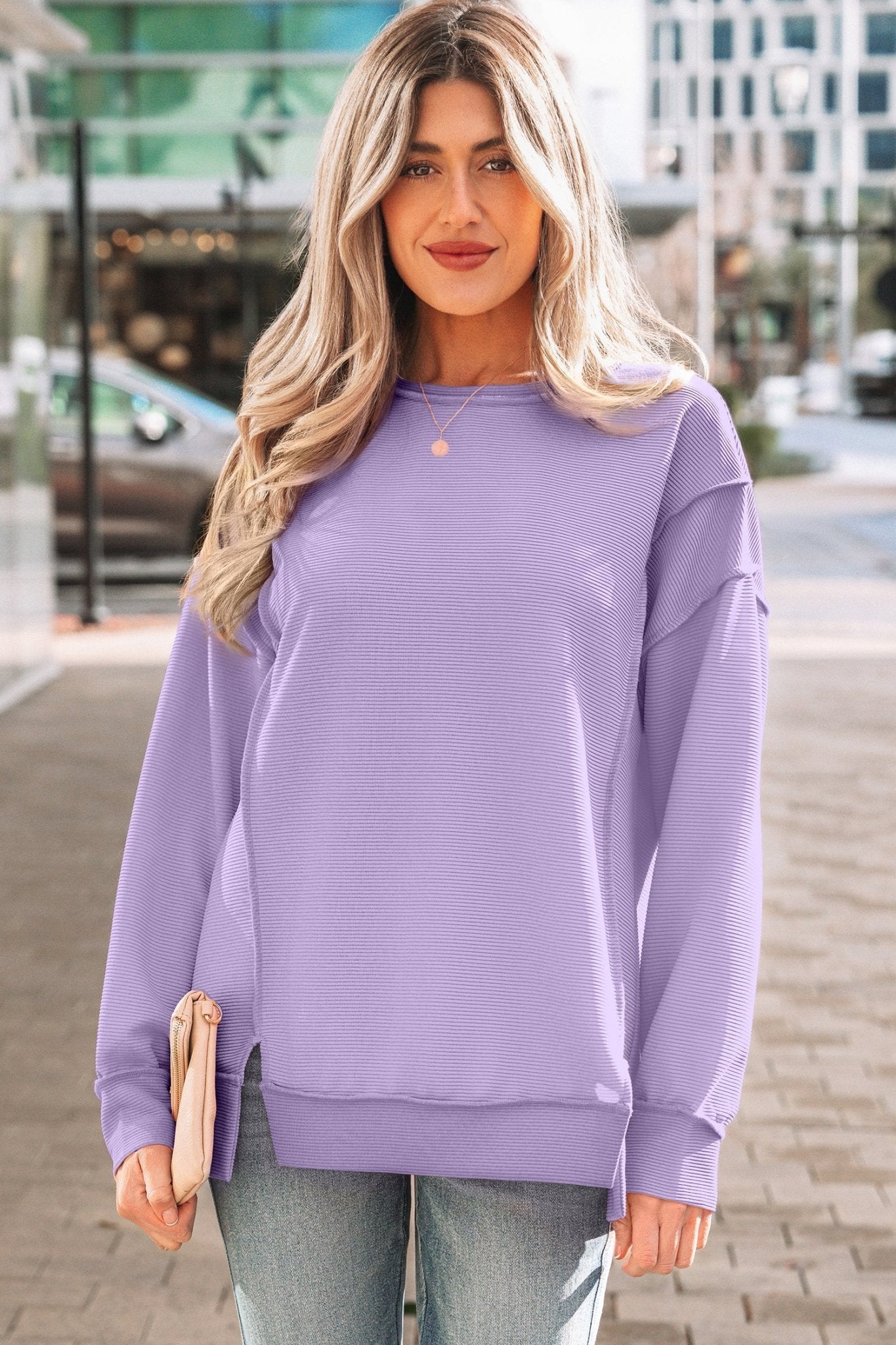 Ribbed Exposed Seam Drop Shoulder Pullover - Rooted & Reckless Co.