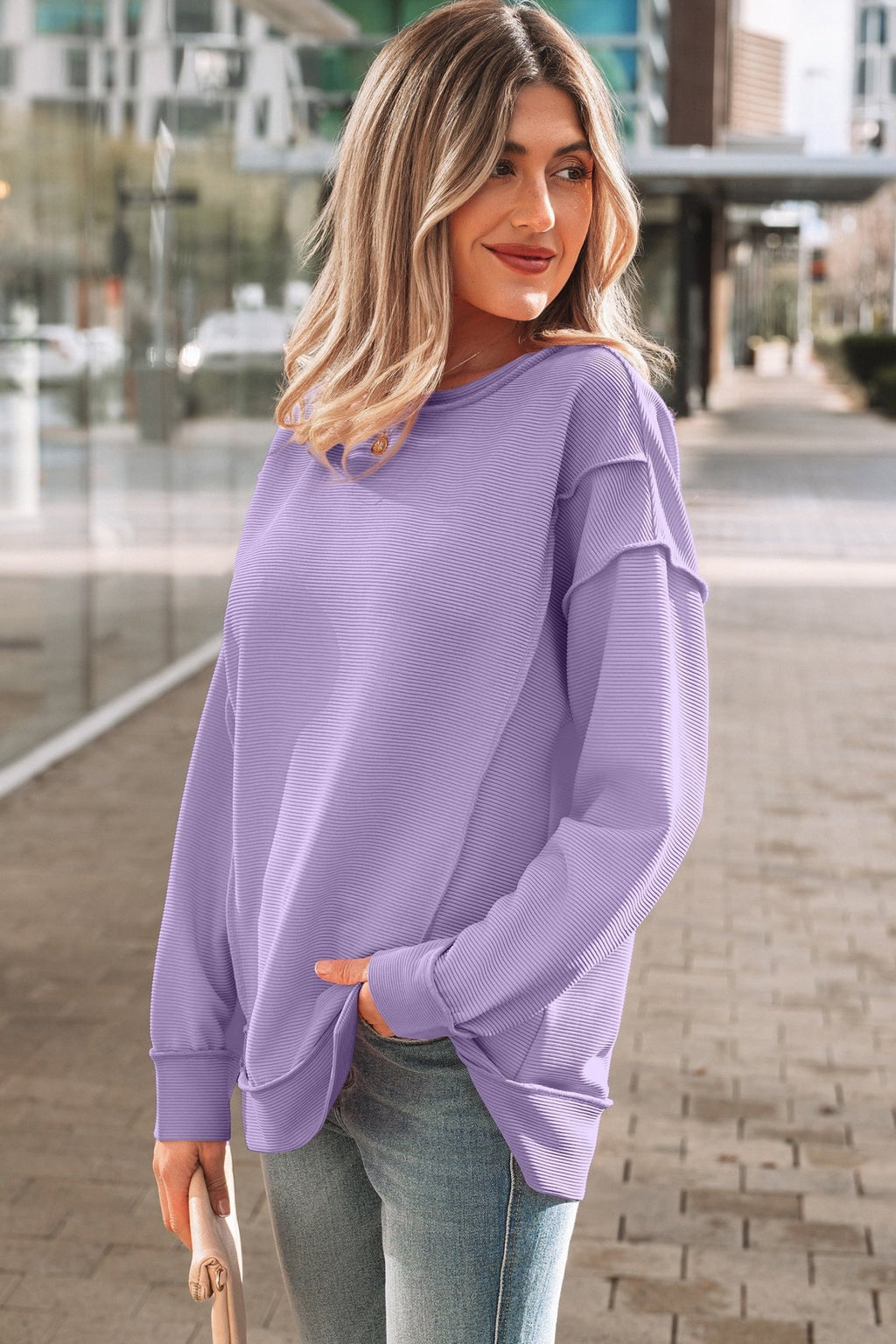 Ribbed Exposed Seam Drop Shoulder Pullover - Rooted & Reckless Co.