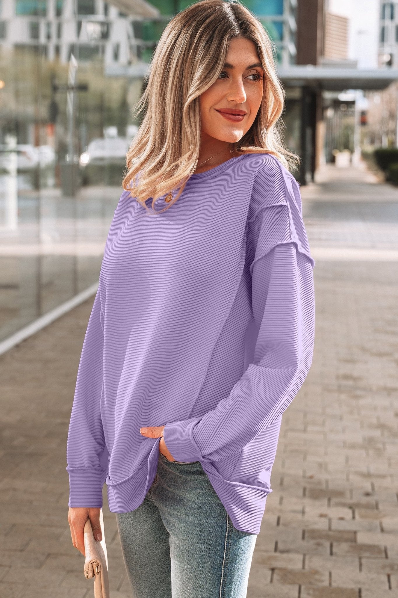 Ribbed Exposed Seam Drop Shoulder Pullover - Rooted & Reckless Co.