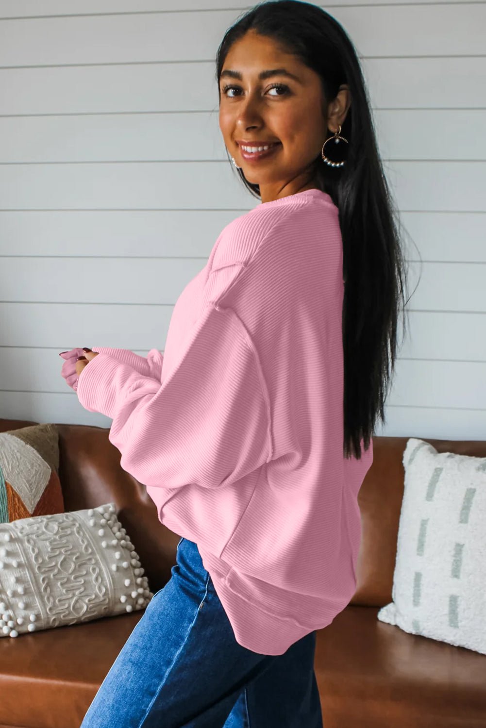 Ribbed Exposed Seam Drop Shoulder Pullover - Rooted & Reckless Co.