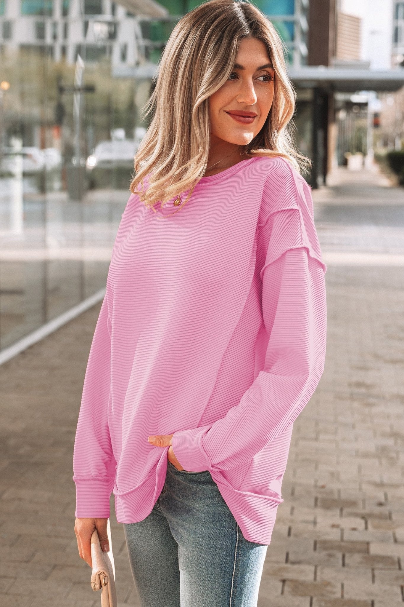 Ribbed Exposed Seam Drop Shoulder Pullover - Rooted & Reckless Co.