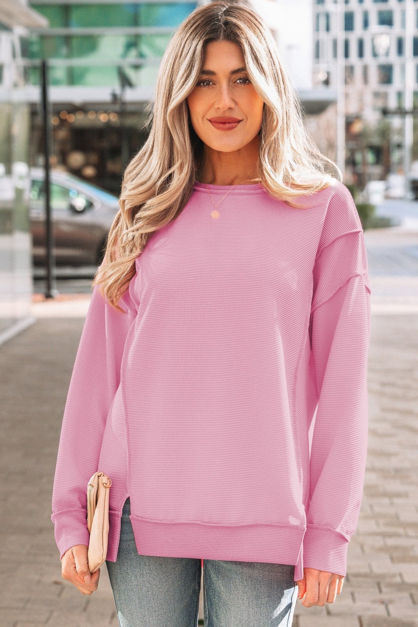 Ribbed Exposed Seam Drop Shoulder Pullover - Rooted & Reckless Co.