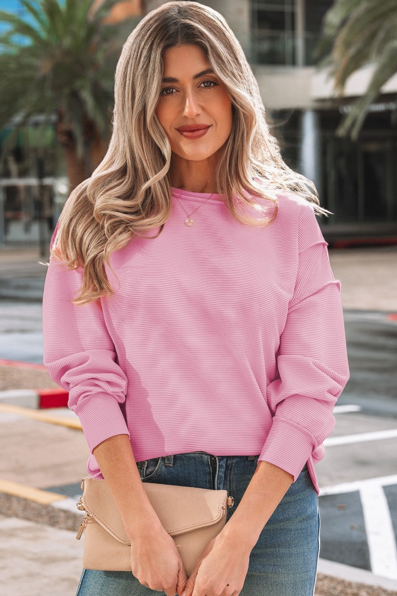 Ribbed Exposed Seam Drop Shoulder Pullover - Rooted & Reckless Co.