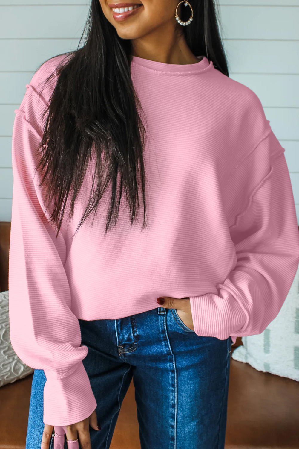 Ribbed Exposed Seam Drop Shoulder Pullover - Rooted & Reckless Co.