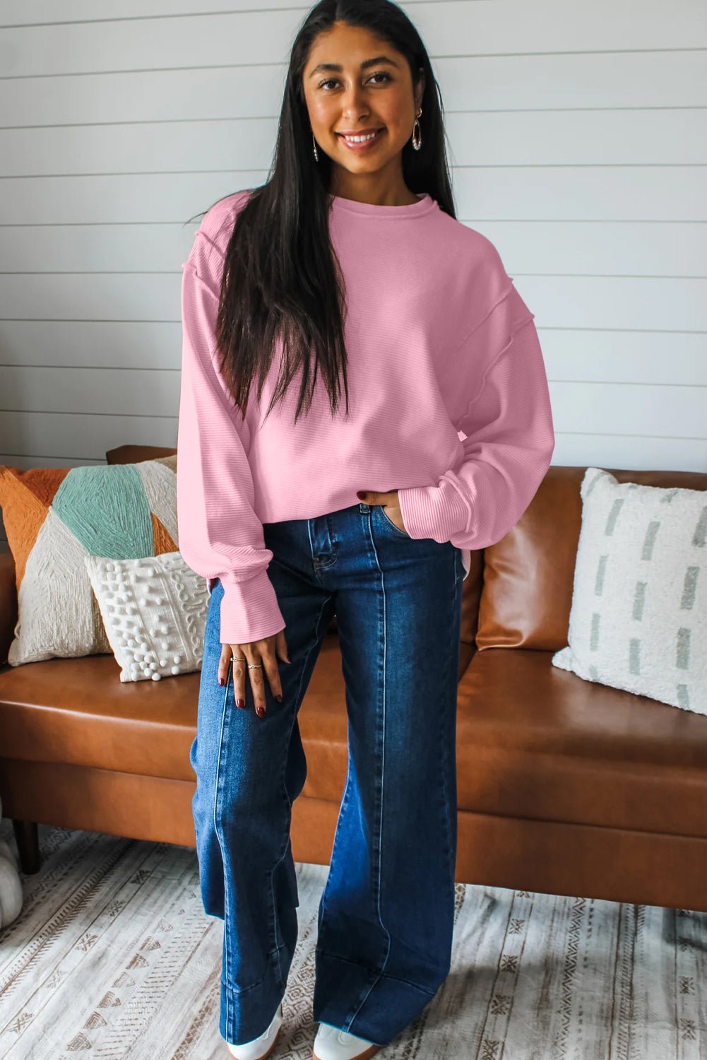 Ribbed Exposed Seam Drop Shoulder Pullover - Rooted & Reckless Co.