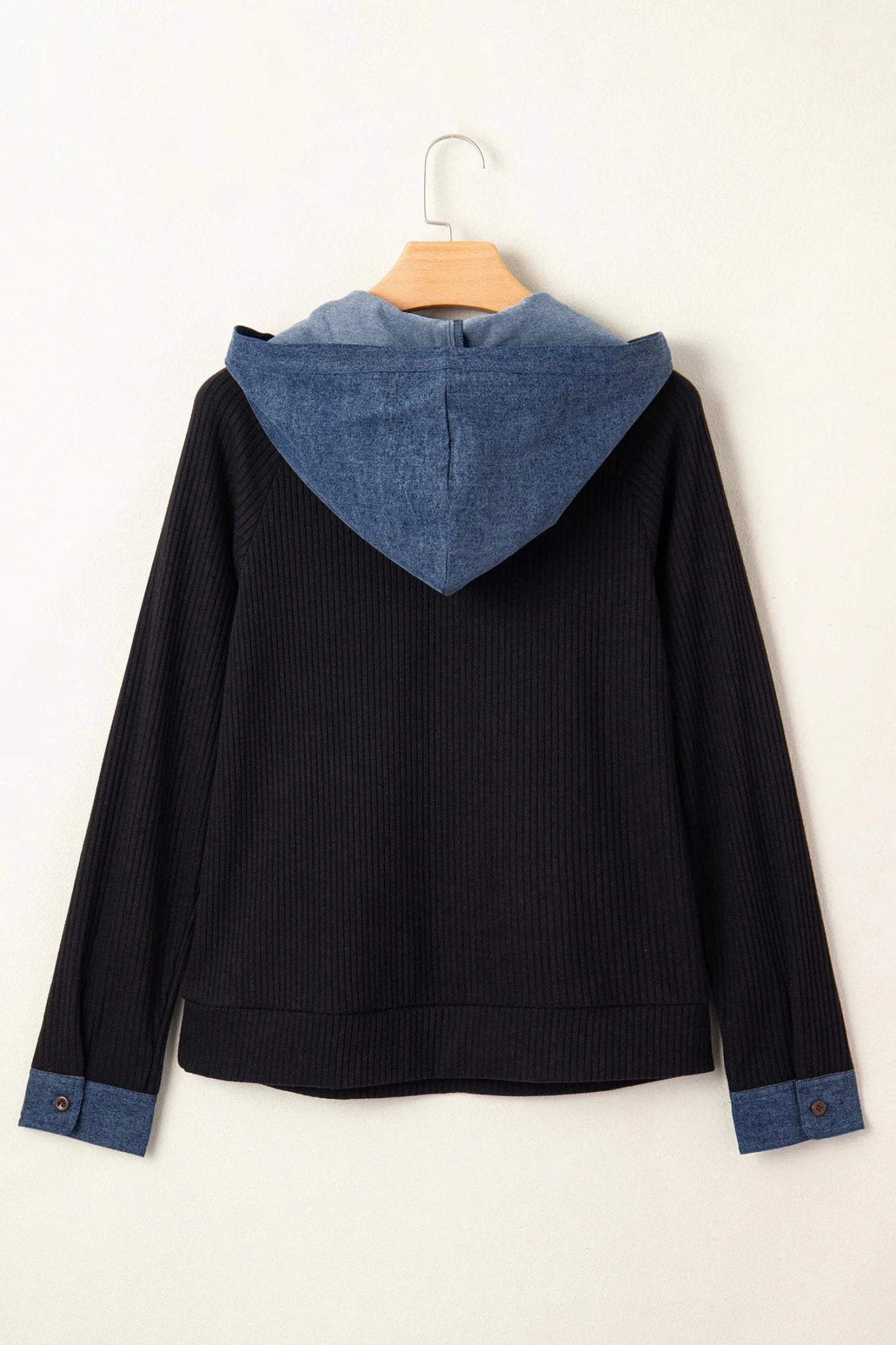 Ribbed Knit Contrast Denim Patchwork Hooded Top - Rooted & Reckless Co.
