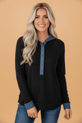 Ribbed Knit Contrast Denim Patchwork Hooded Top - Rooted & Reckless Co.