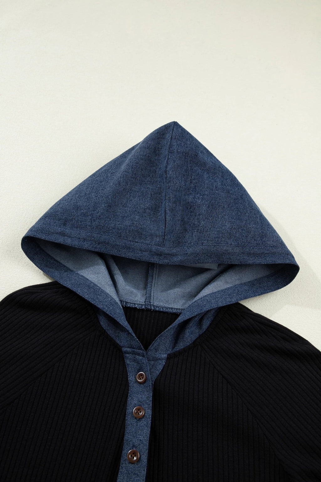 Ribbed Knit Contrast Denim Patchwork Hooded Top - Rooted & Reckless Co.