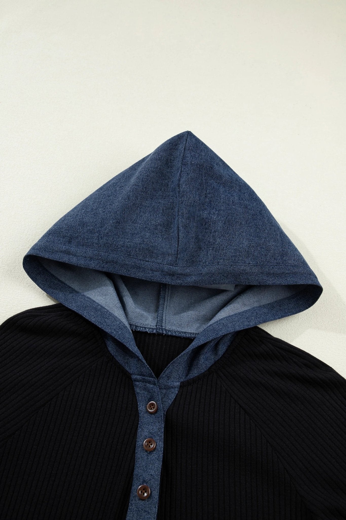 Ribbed Knit Contrast Denim Patchwork Hooded Top - Rooted & Reckless Co.