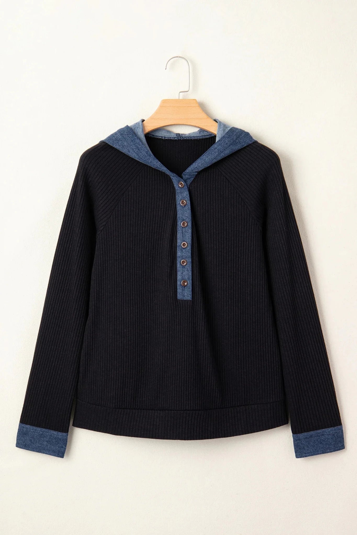 Ribbed Knit Contrast Denim Patchwork Hooded Top - Rooted & Reckless Co.