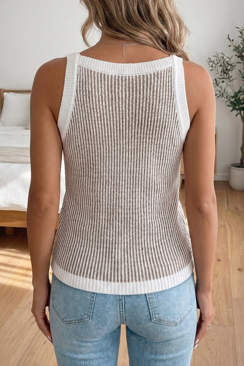 Ribbed Knit Contrast Trim Sweater Tank Top - Rooted & Reckless Co.