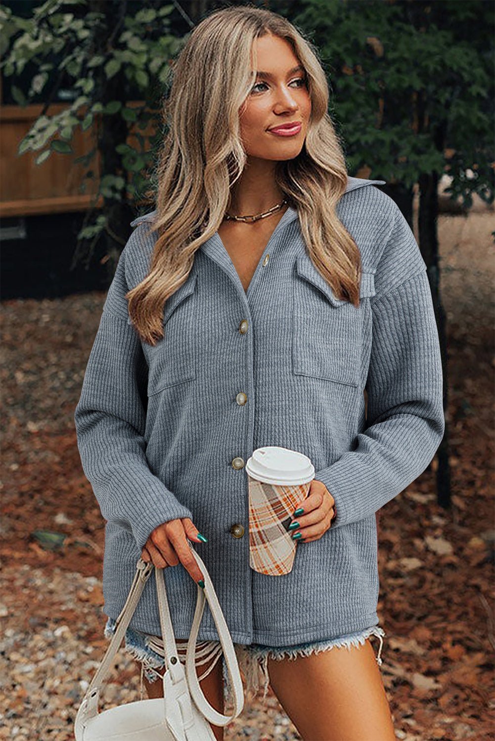 Ribbed Knit Flap Pocket Button-Up Shacket - Rooted & Reckless Co.