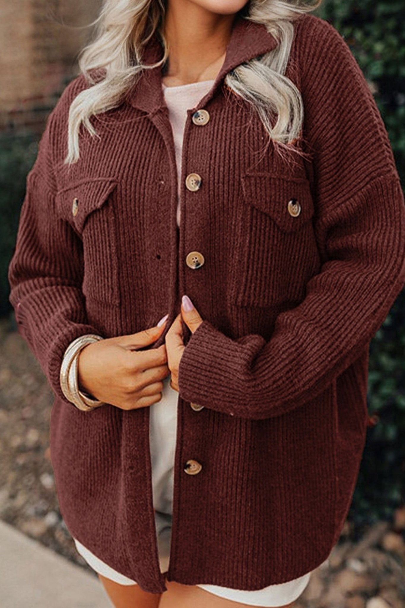 Ribbed Knit Flap Pocket Button-Up Shacket - Rooted & Reckless Co.