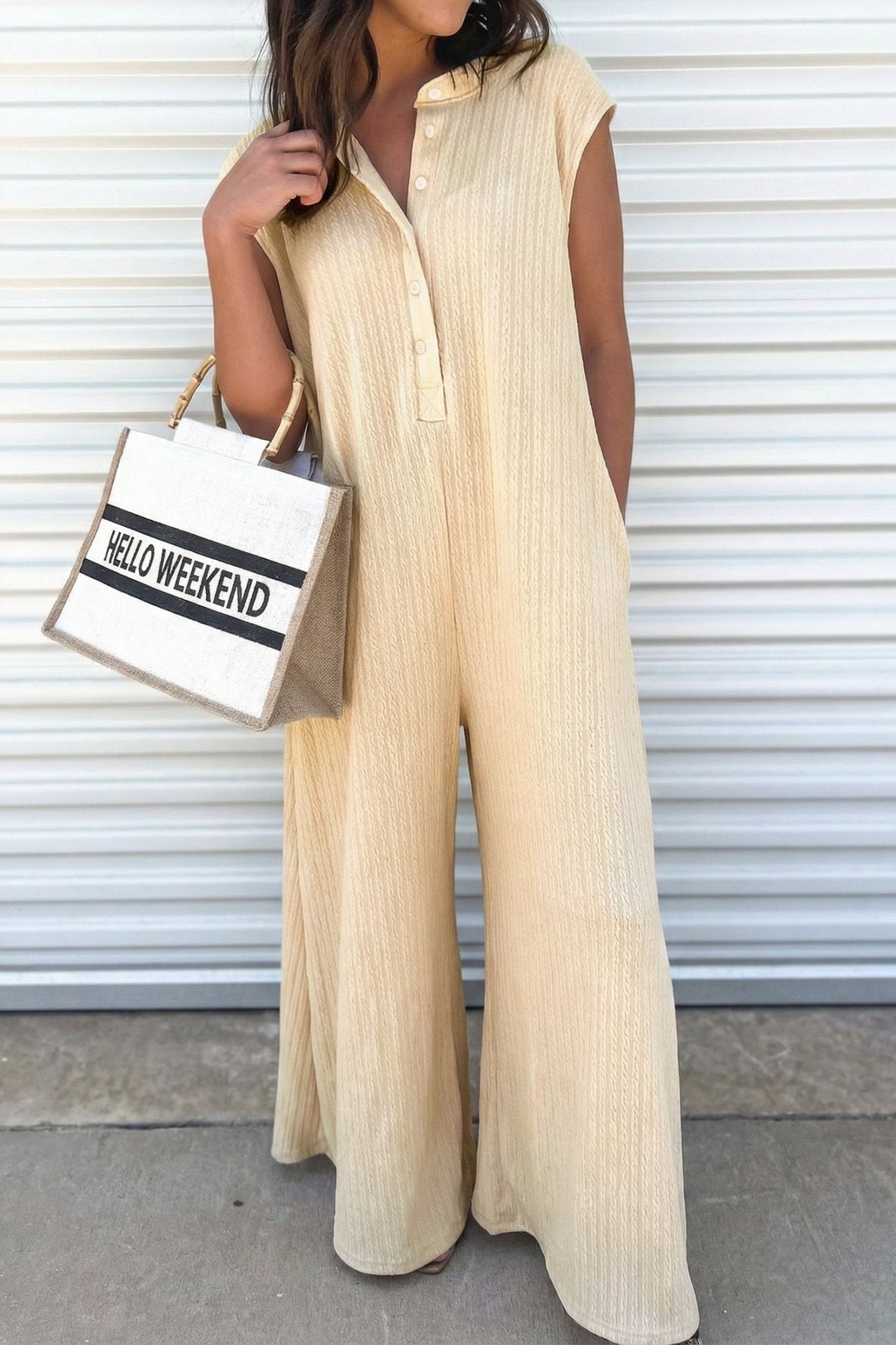 Ribbed Knit Half Buttoned Wide Leg Jumpsuit - Rooted & Reckless Co.