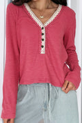 Ribbed Knit Lace Trim V-Neck Top - Rooted & Reckless Co.