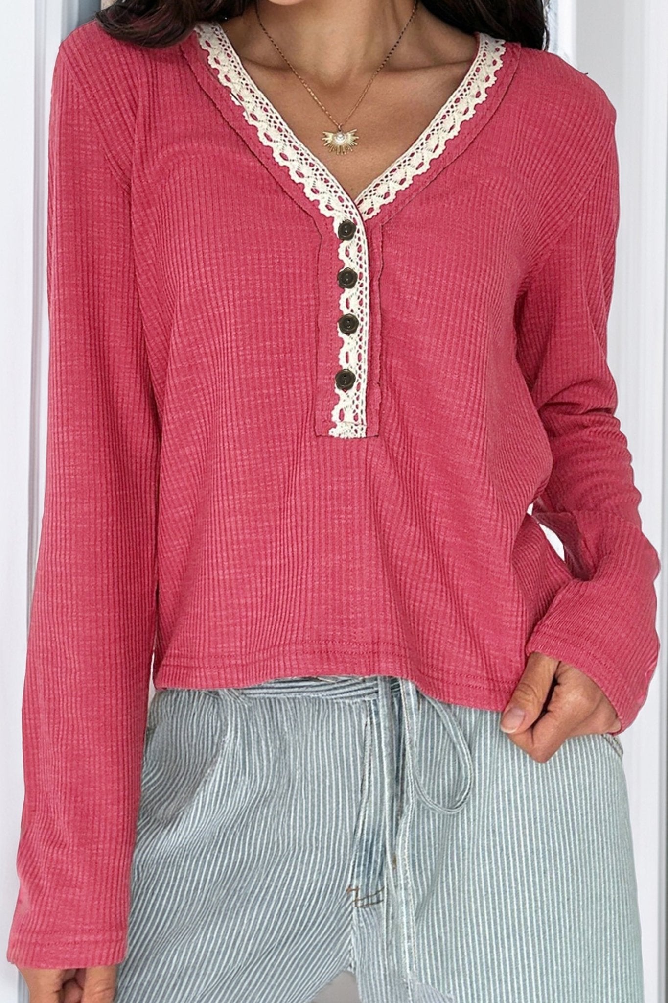 Ribbed Knit Lace Trim V-Neck Top - Rooted & Reckless Co.