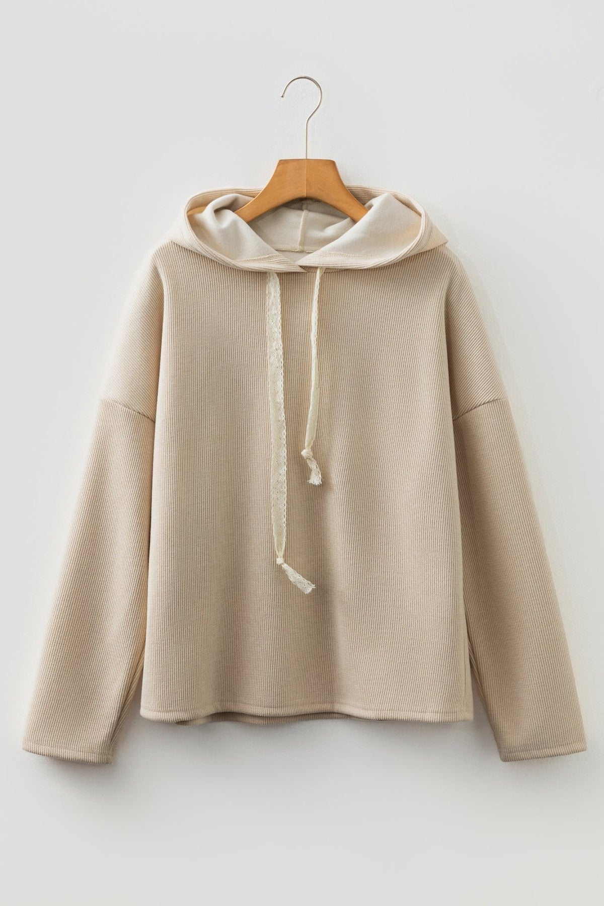 Ribbed Knit Leopard & Lace Drawstring Hoodie - Rooted & Reckless Co.
