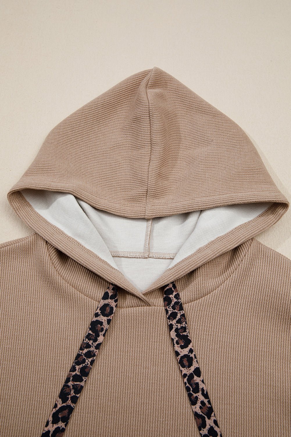 Ribbed Knit Leopard & Lace Drawstring Hoodie - Rooted & Reckless Co.