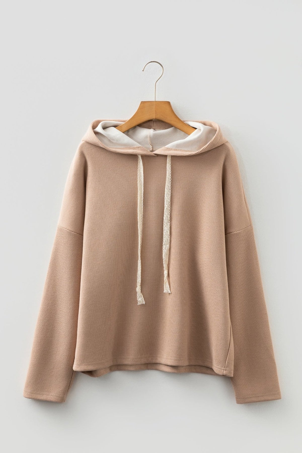 Ribbed Knit Leopard & Lace Drawstring Hoodie - Rooted & Reckless Co.