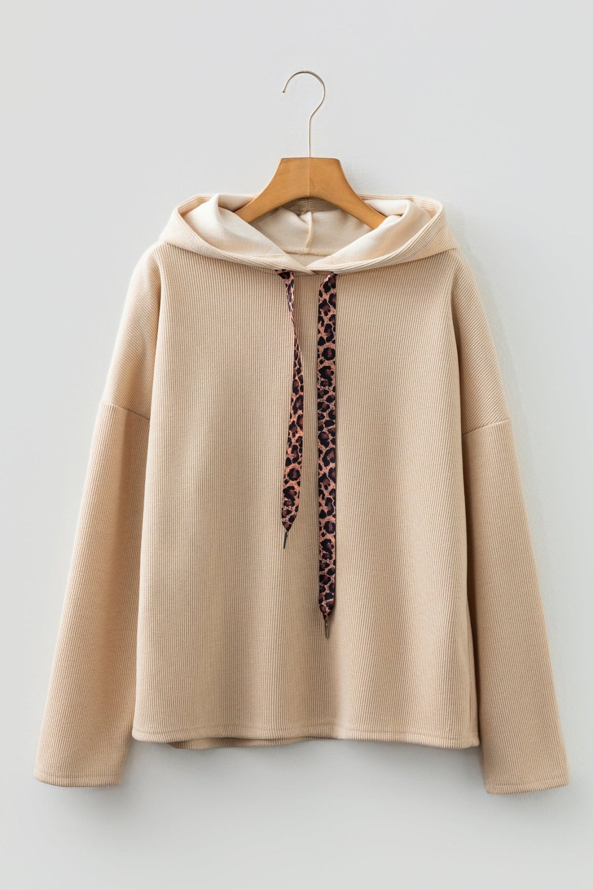 Ribbed Knit Leopard & Lace Drawstring Hoodie - Rooted & Reckless Co.