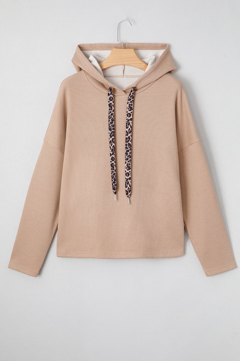 Ribbed Knit Leopard & Lace Drawstring Hoodie - Rooted & Reckless Co.