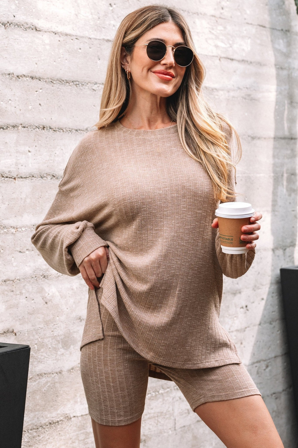 Ribbed Knit Pullover Top and Biker Short Set - Rooted & Reckless Co.