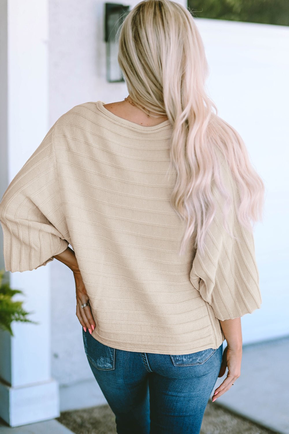 Ribbed Knit Reverse Seam 3/4 Sleeve Sweater - Rooted & Reckless Co.