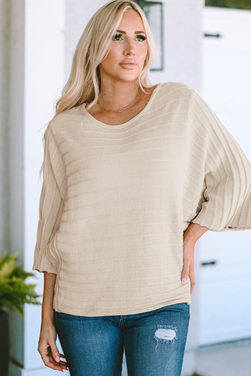 Ribbed Knit Reverse Seam 3/4 Sleeve Sweater - Rooted & Reckless Co.