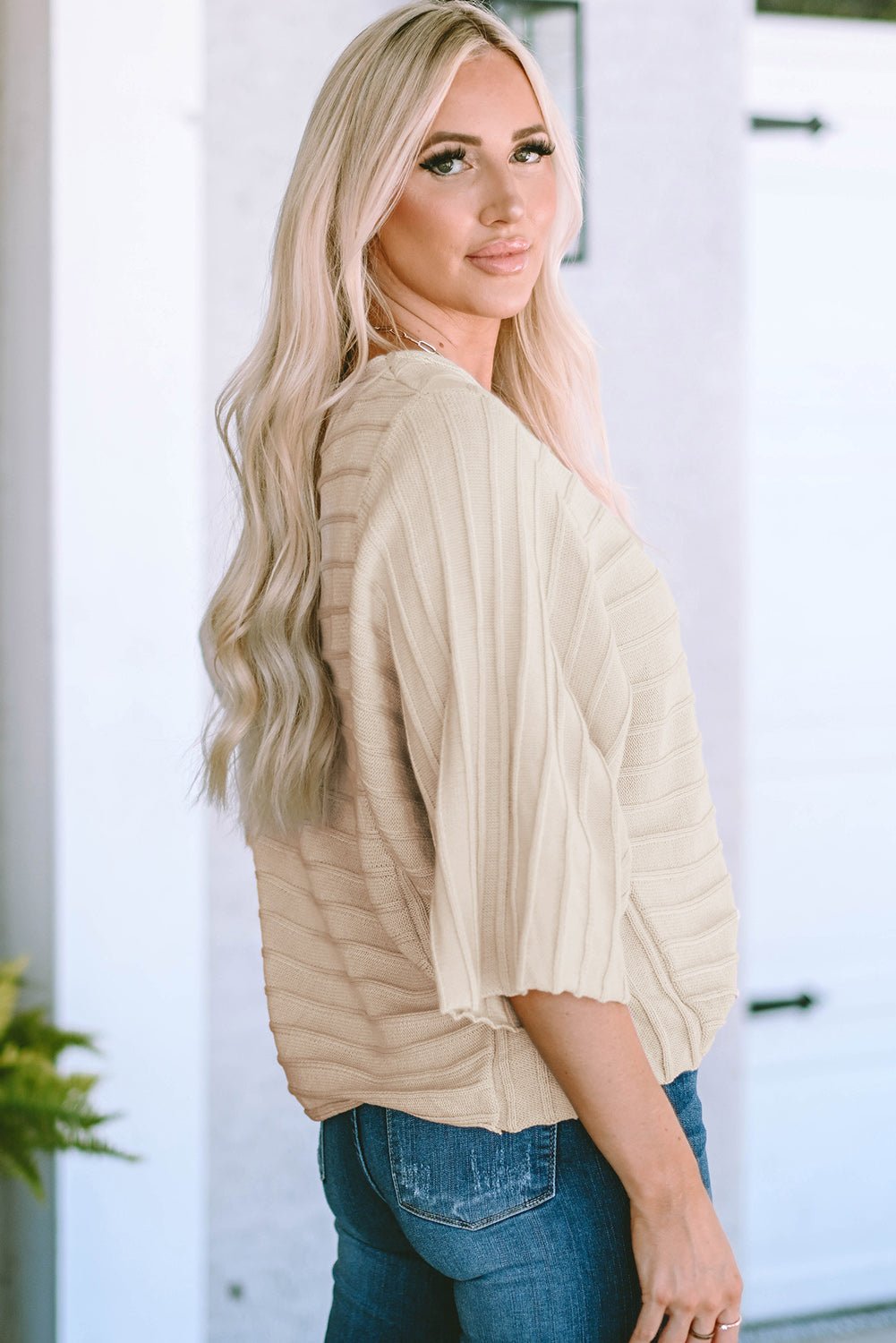 Ribbed Knit Reverse Seam 3/4 Sleeve Sweater - Rooted & Reckless Co.