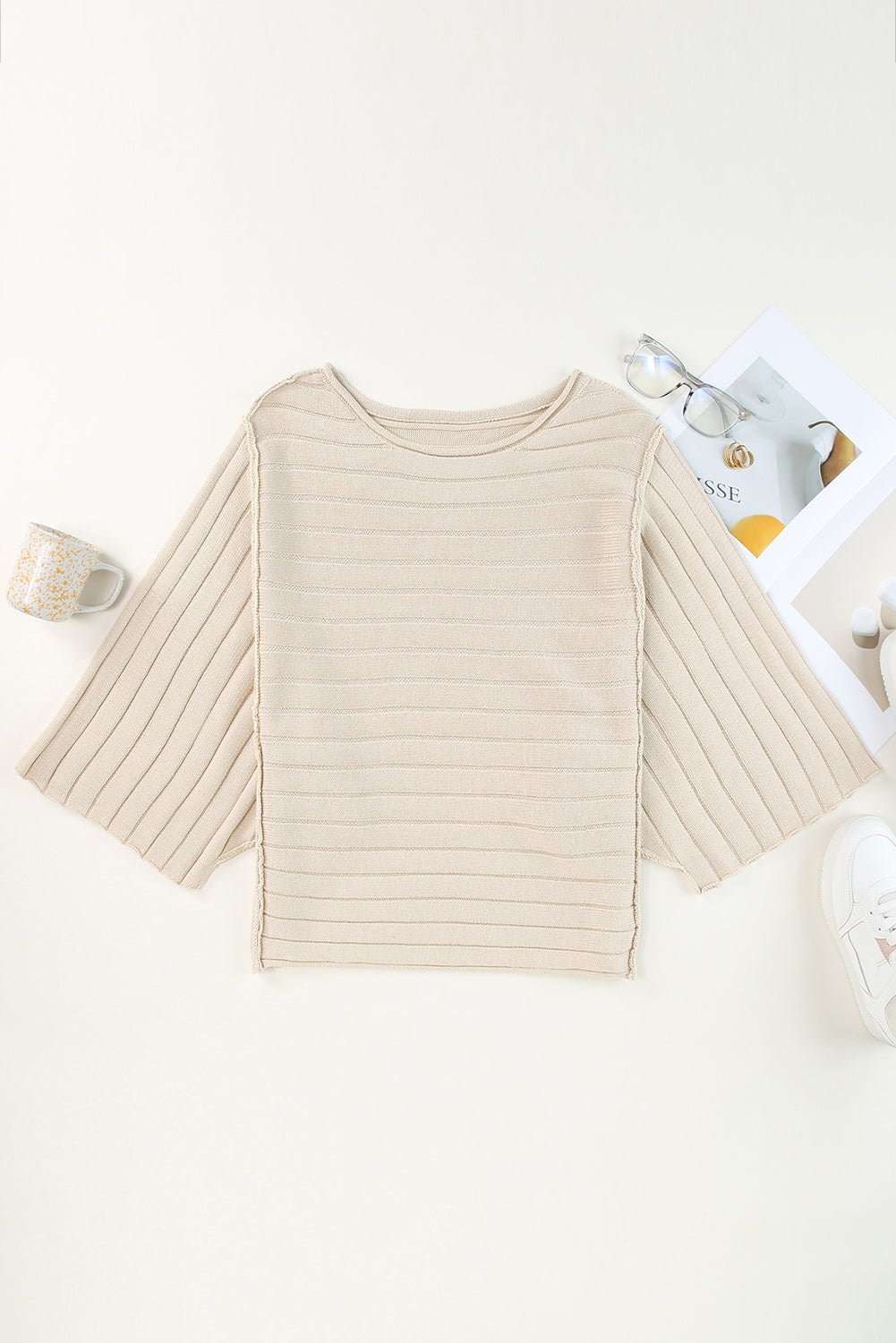 Ribbed Knit Reverse Seam 3/4 Sleeve Sweater - Rooted & Reckless Co.