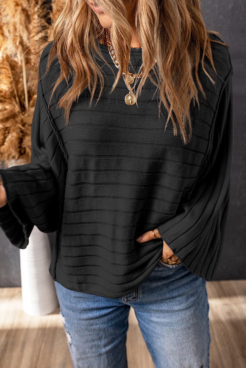 Ribbed Knit Reverse Seam 3/4 Sleeve Sweater - Rooted & Reckless Co.