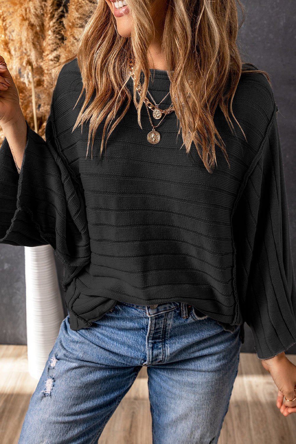 Ribbed Knit Reverse Seam 3/4 Sleeve Sweater - Rooted & Reckless Co.