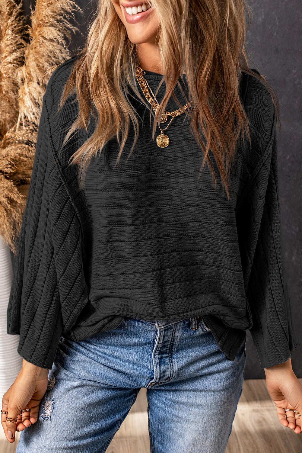 Ribbed Knit Reverse Seam 3/4 Sleeve Sweater - Rooted & Reckless Co.