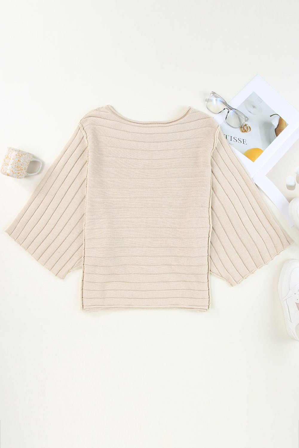 Ribbed Knit Reverse Seam 3/4 Sleeve Sweater - Rooted & Reckless Co.