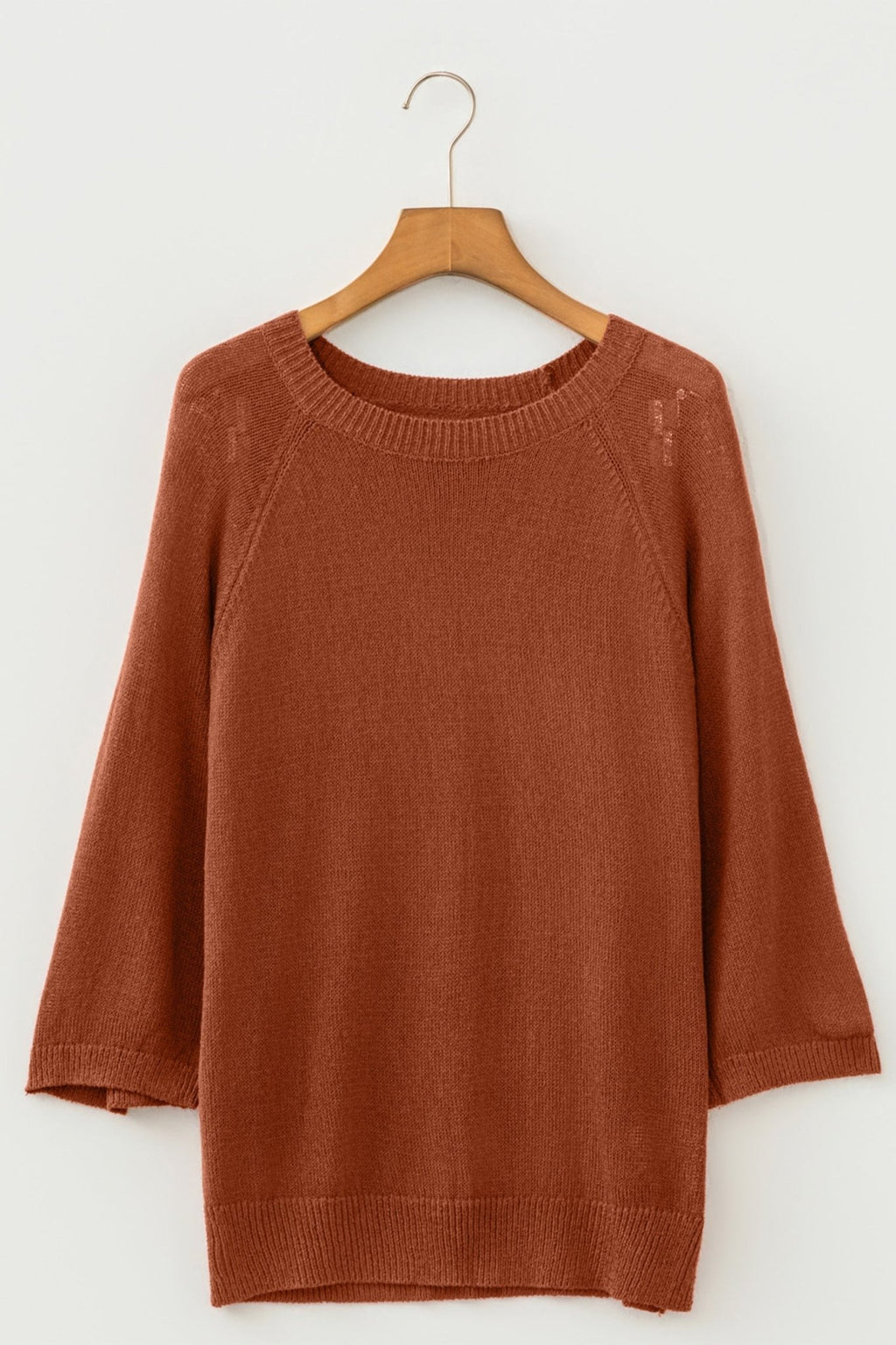 Ribbed Knit Round Neck 3/4 Sleeve Sweater - Rooted & Reckless Co.