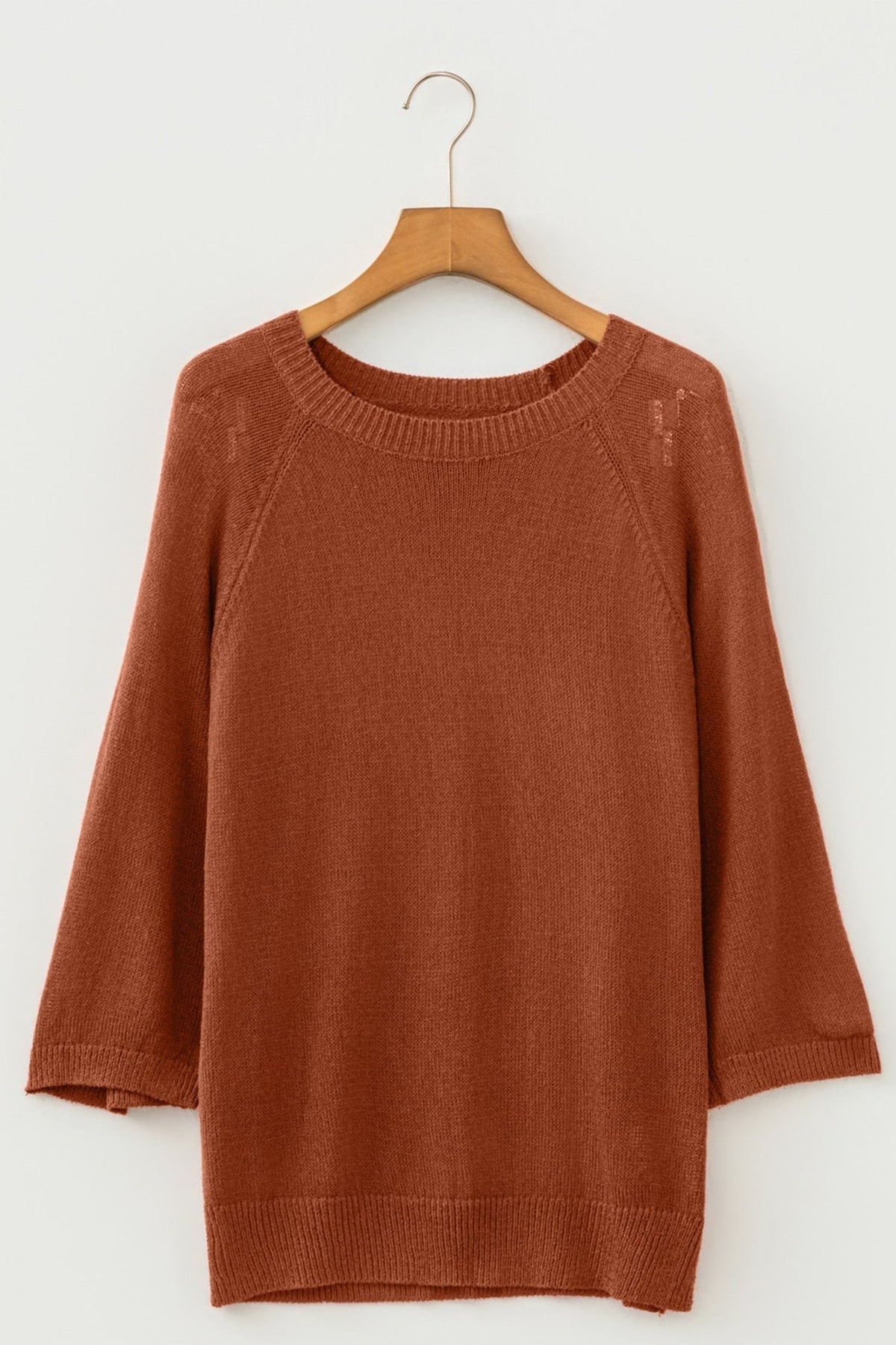 Ribbed Knit Round Neck 3/4 Sleeve Sweater - Rooted & Reckless Co.