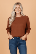 Ribbed Knit Round Neck 3/4 Sleeve Sweater - Rooted & Reckless Co.