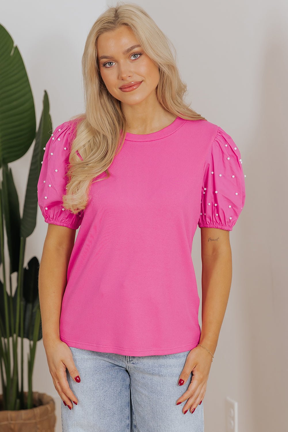 Ribbed Pearl Beaded Puff Sleeve Top - Rooted & Reckless Co.