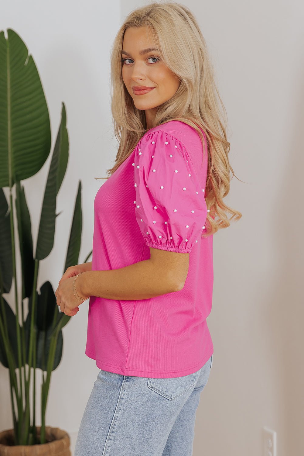 Ribbed Pearl Beaded Puff Sleeve Top - Rooted & Reckless Co.