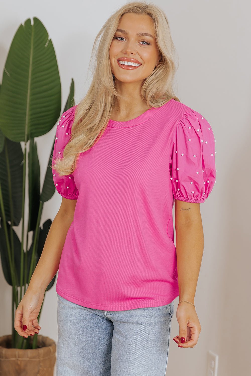Ribbed Pearl Beaded Puff Sleeve Top - Rooted & Reckless Co.